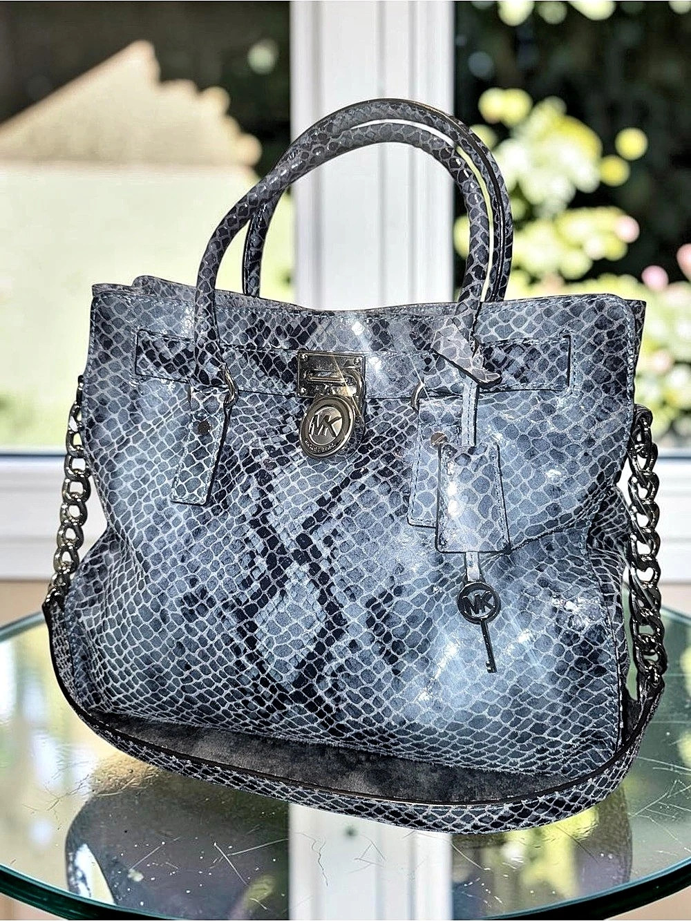Michael Micheal Kors Hamilton Snake Print Shoulder Bag Blue